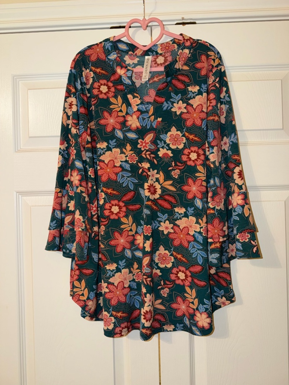 Floral V-Neck Women's Blouse in Teal and Coral
